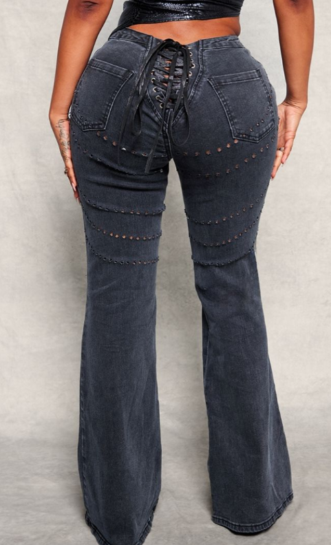 Plt - Shape Black Denim Lace Up Back Flare Jeans