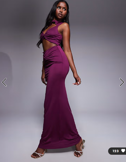 Aria Cove double layered slinky cut out high neck twist front maxi dress in plum
