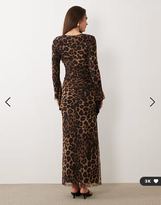 ASOS DESIGN printed mesh asymmetrical angel sleeve maxi dress in leopard