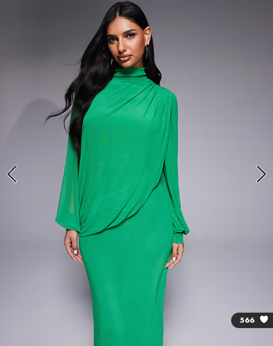 ASOS DESIGN modesty mesh wrap over draped blouson sleeve maxi high neck dress in green