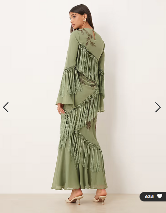 ASOS DESIGN long sleeve floral embellished maxi dress with draped fringing in light khaki