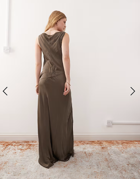 Weekday boat neck bias cut satin maxi dress in dark mole