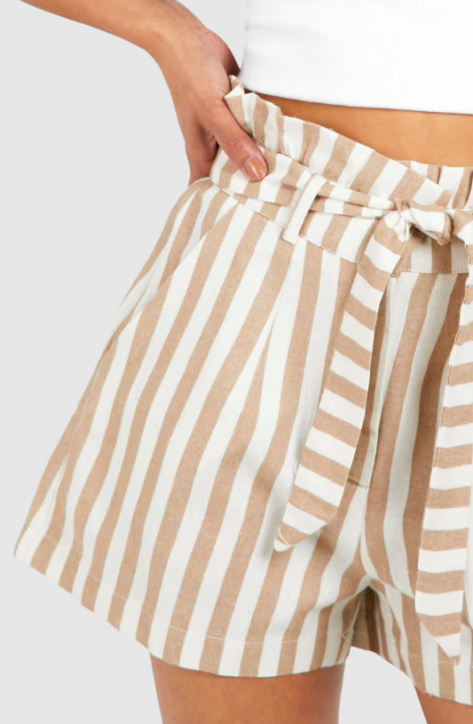 Boohoo Striped Paperbag Waist Shorts - cream