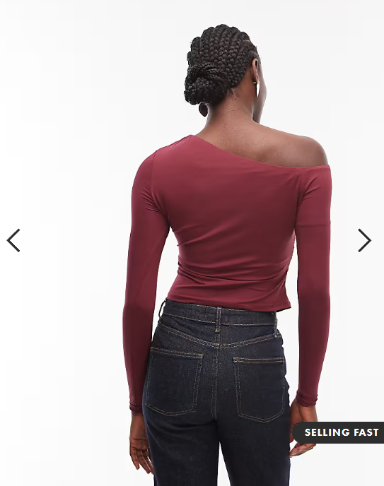 ASOS DESIGN slinky off shoulder ruched detail long sleeve top in burgundy