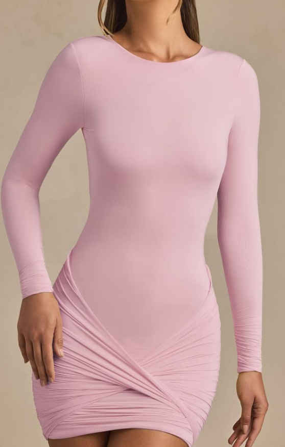 OhPolly-Modal Twist-Front Ruched Backless Mini Dress in Soft Pink