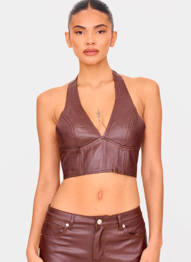 Brown coated denim seam detail halterneck top