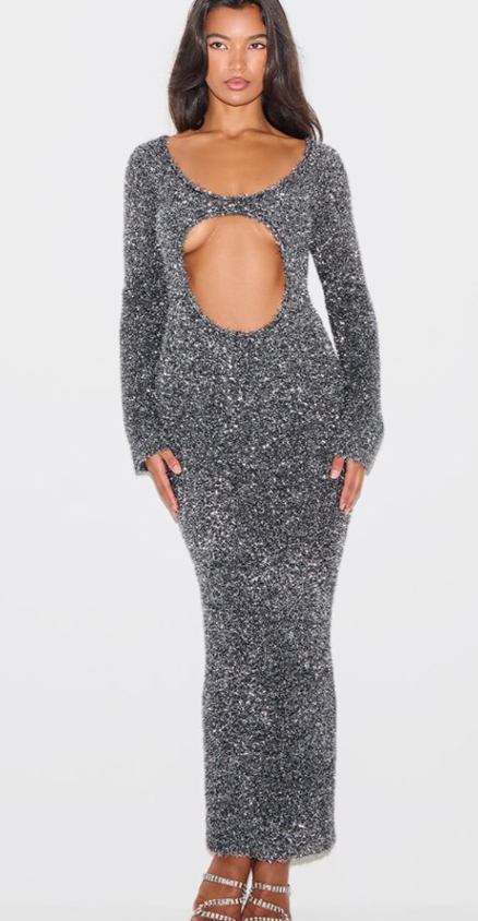 Plt - Charcoal Contrast Tinsel Knit Cut Out Detail Maxi Dress