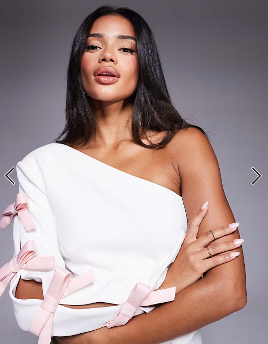 ASOS LUXE one shoulder mini dress with pink bows in white
