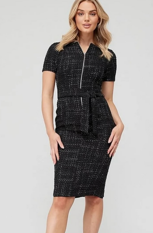 V By Very - Tweed Zip Belted Dress