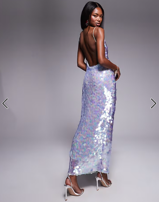 ASOS DESIGN iridescent sequin asymmetric cowl neck midi dress in light blue