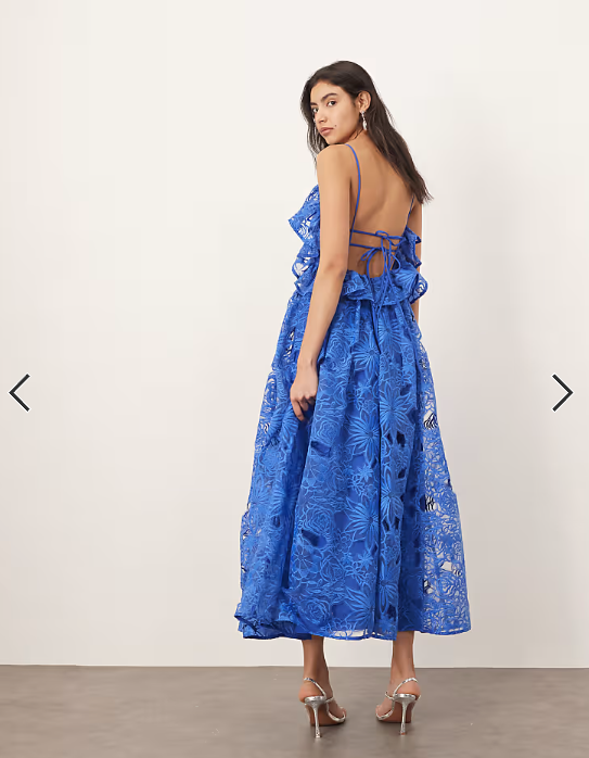 ARRANGE cutwork lace drop waist ruffle detail midi dress with tie back in cobalt blue