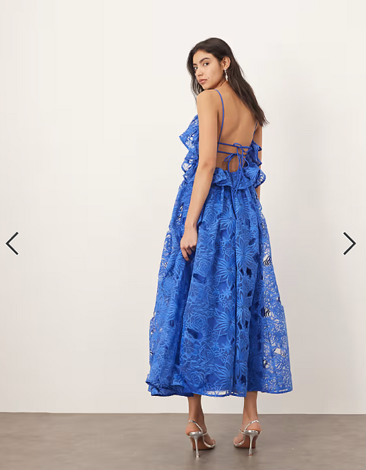 ARRANGE cutwork lace drop waist ruffle detail midi dress with tie back in cobalt blue