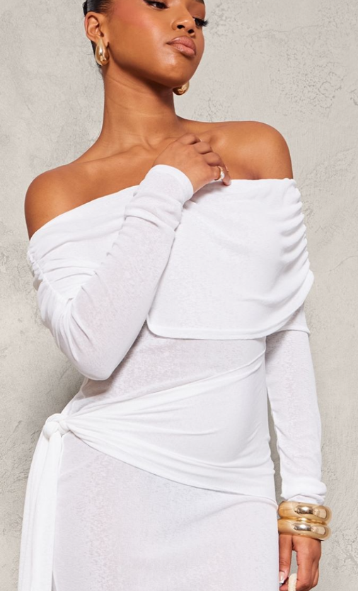 White Onion Skin Bardot Tie Waist Maxi Dress