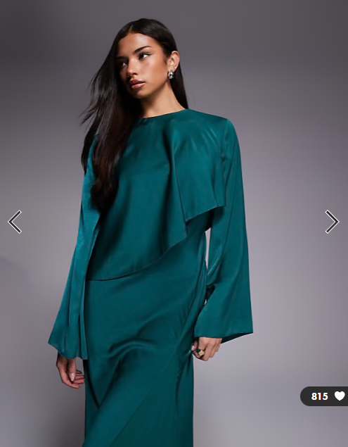 ASOS DESIGN satin long sleeve cape detail maxi dress in teal