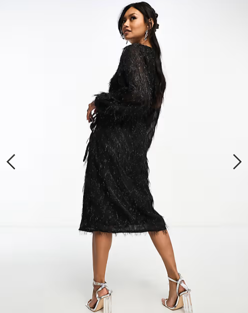 Vila fluffy textured wrap midi dress in black