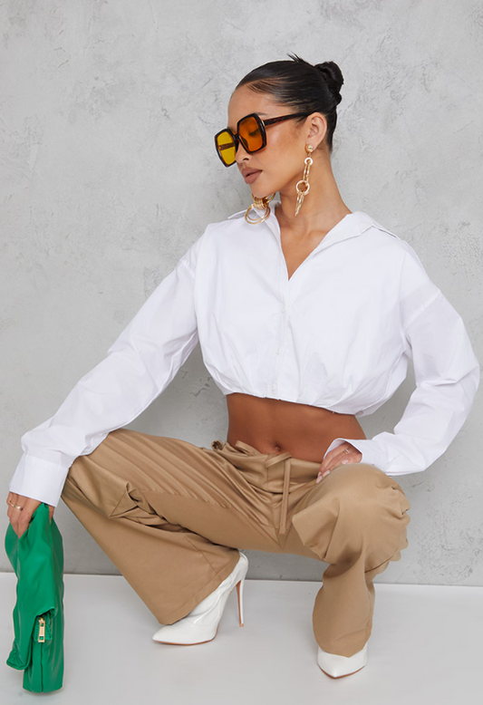 White Cotton Ruched Bust Crop Long Sleeve Shirt