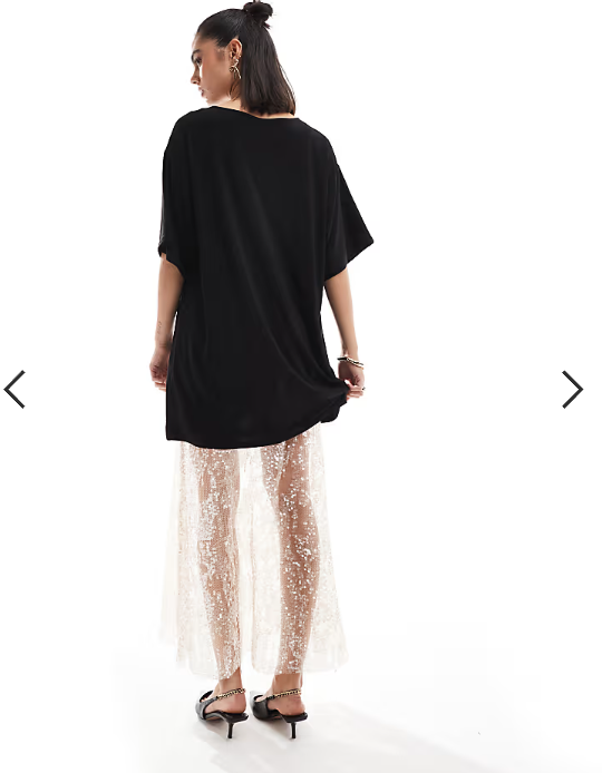 ASOS DESIGN 2 in 1 black t-shirt dress with sequin midi skirt