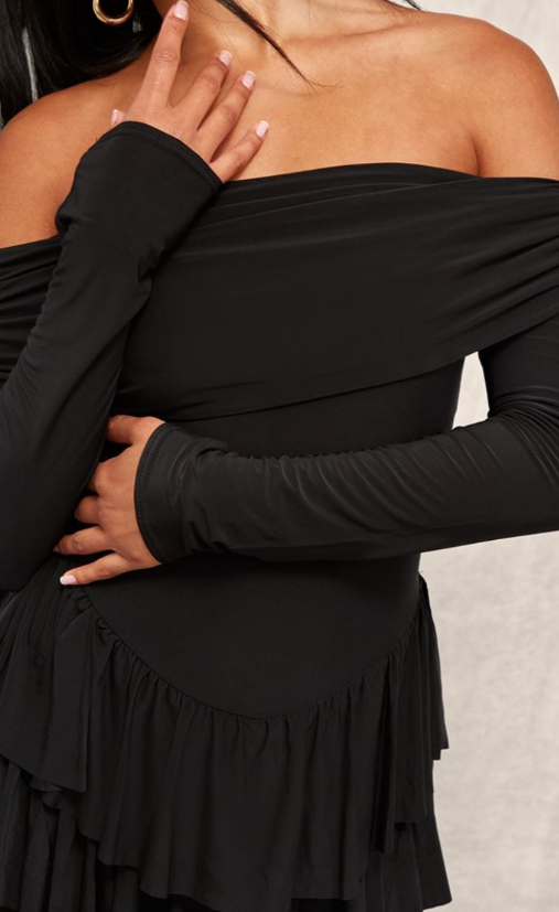 Black Slinky Long Sleeve Bardot Rara Skort Playsuit