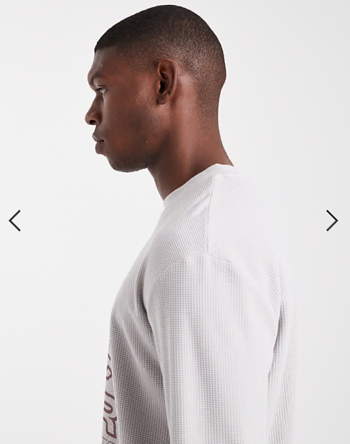 ASOS DESIGN relaxed long sleeve t-shirt with street graphic in grey waffle texture.