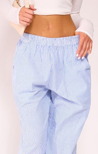 Blue Pinstripe Linen Look Elasticated Waist Trousers