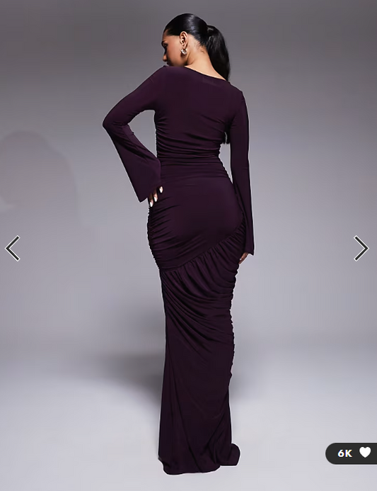 ASOS DESIGN sculpting gauged panelled maxi dress with long sleeves in plum