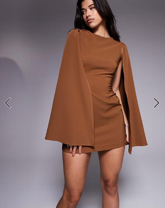 TFNC crepe mini dress with cape shoulders in mocha