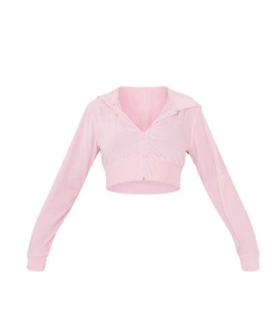 BABY PINK VELOUR CROPPED HOODIE