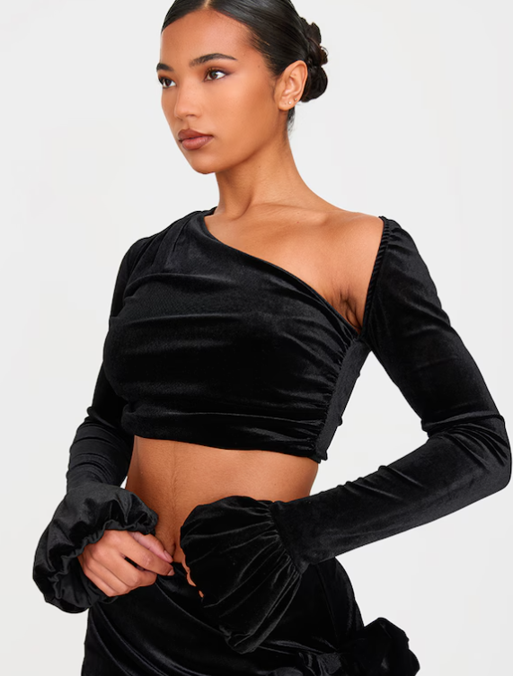 Black Velvet Puff Sleeve Cropped Top