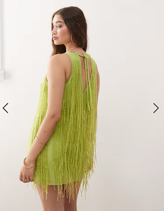Miss Selfridge premium festival halter mini dress with embellished fringing in green