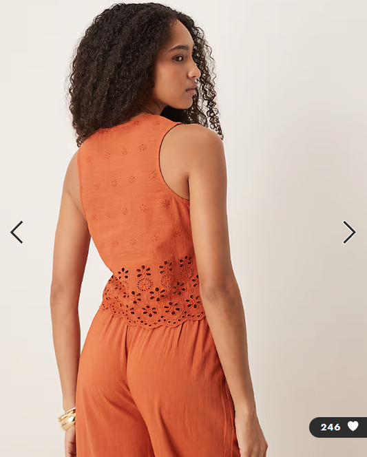 Iisla & Bird ruffle tie front broderie waistcoat co-ord in rust