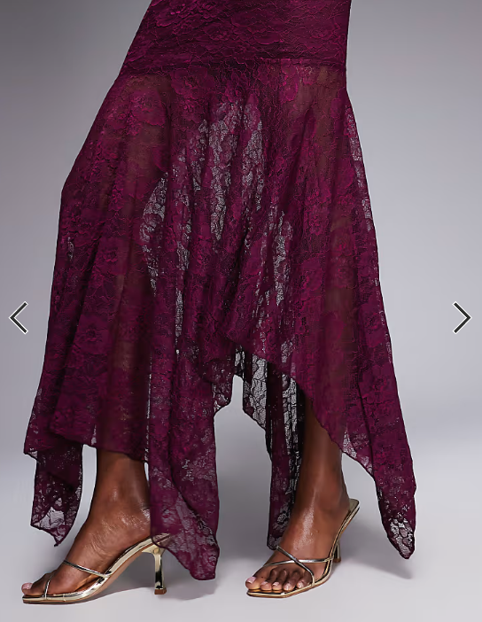 Kaiia exclusive slinky lace asymmetric scarf detail sheer hem maxi dress in dark cherry