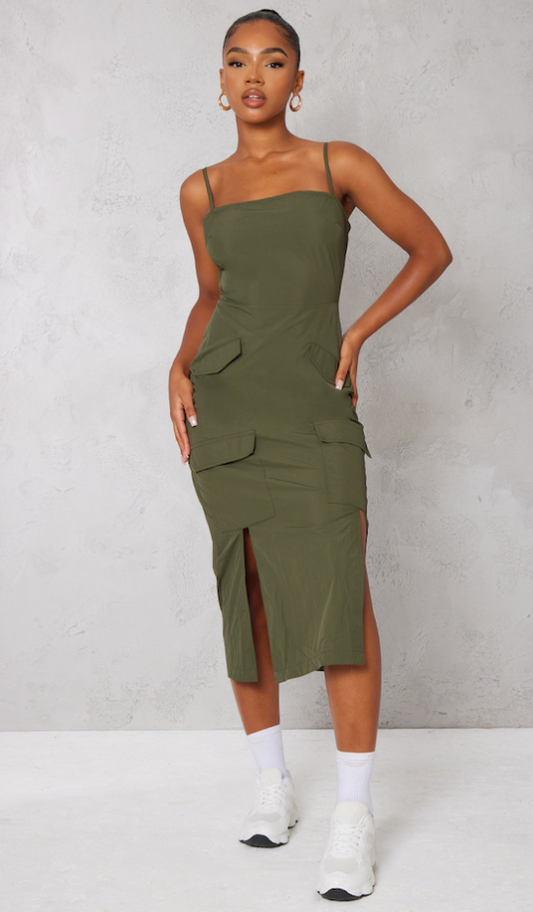 Khaki Parachute Cargo Pocket Detail Strappy Midaxi Dress