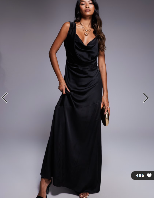 TFNC one shoulder maxi dress with cross strap back in black satin