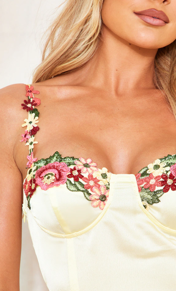 Lemon Satin Flower Trim Detail Strappy Shift Dress