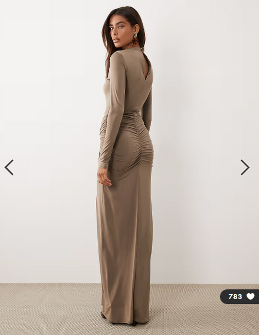 ASOS DESIGN slinky high neck maxi dress with waist detail in mocha