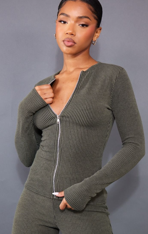 Moss Khaki Two Tone Rib Longline Zip Up Top