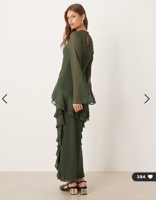 ASOS DESIGN long sleeve frill hem chiffon maxi dress in dark green