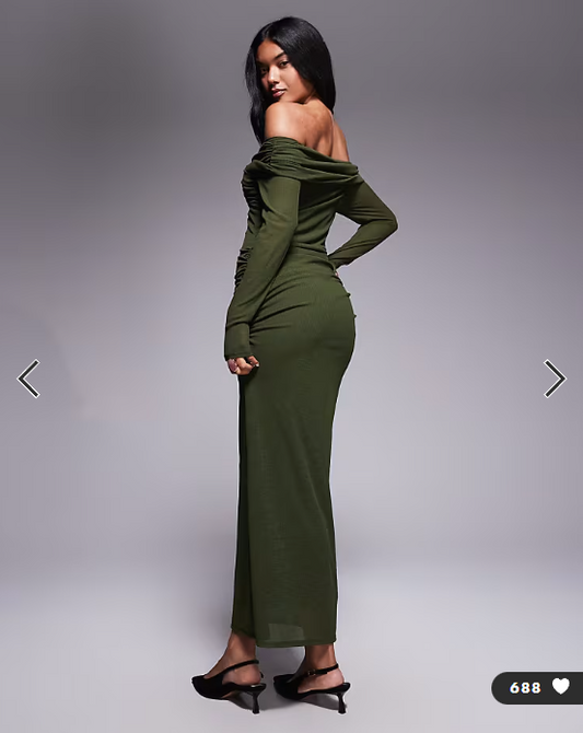 ASOS DESIGN textured mesh bardot twist front midi dress in khaki