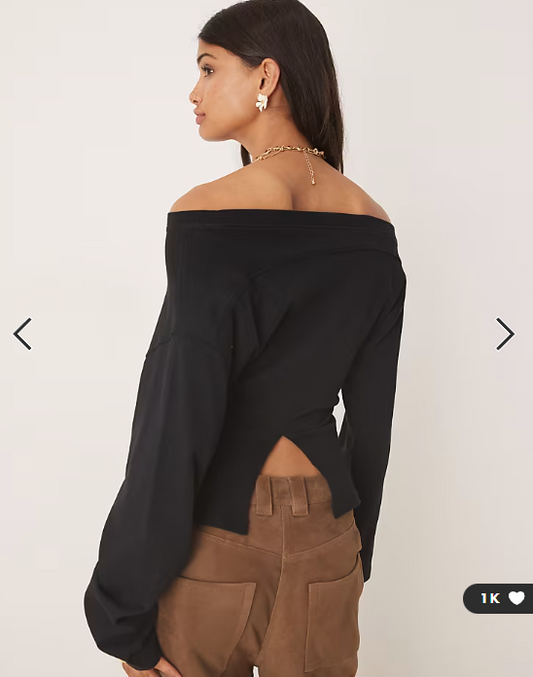 ASOS DESIGN long sleeve off shoulder corset waist tee in black