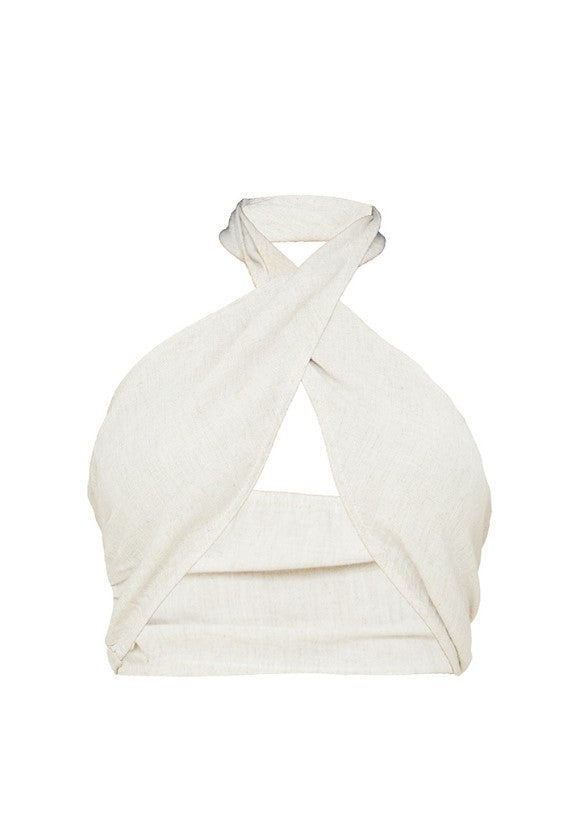 Sand Linen Look Cross Over Halter Crop Top