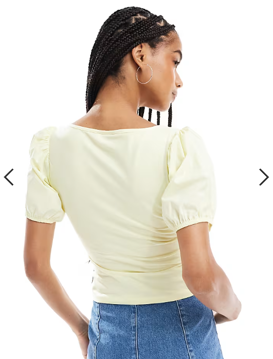 ASOS DESIGN poplin mix puff sleeve sweetheart top in buttermilk yellow