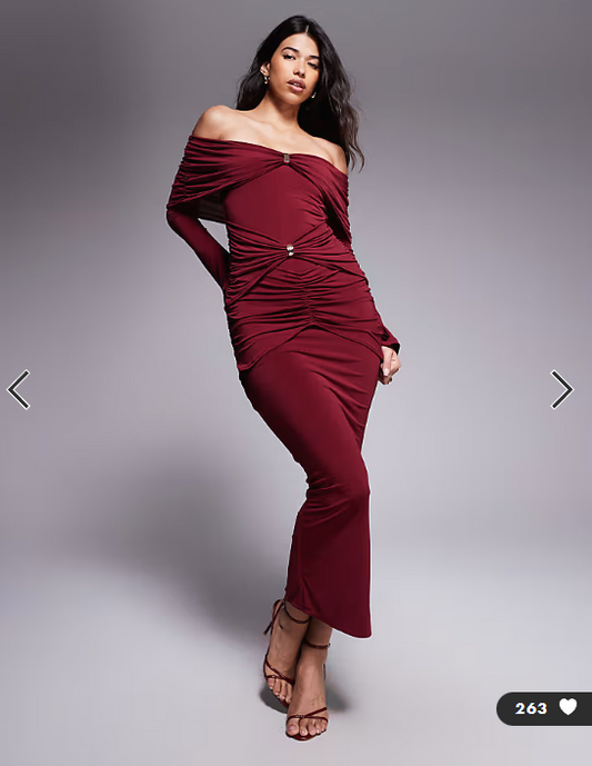 Ruched & Ready sculpted off shoulder gold hardware ruched detail bodycon maxi dress in burgundy