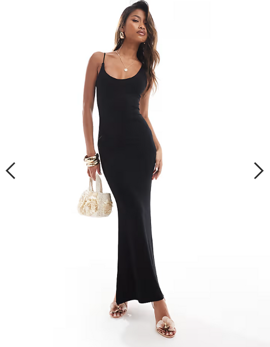 ASOS DESIGN asymmetric scoop neck maxi dress with skinny strap and open back detail in black