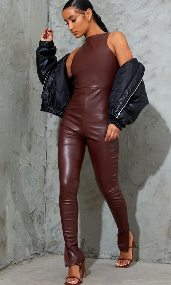 Chocolate PU Racer Neck Split Hem Jumpsuit