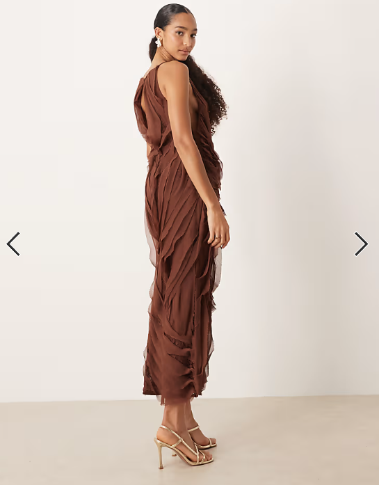 ASOS DESIGN high neck raw edge ruffle maxi dress with lace inserts in chocolate