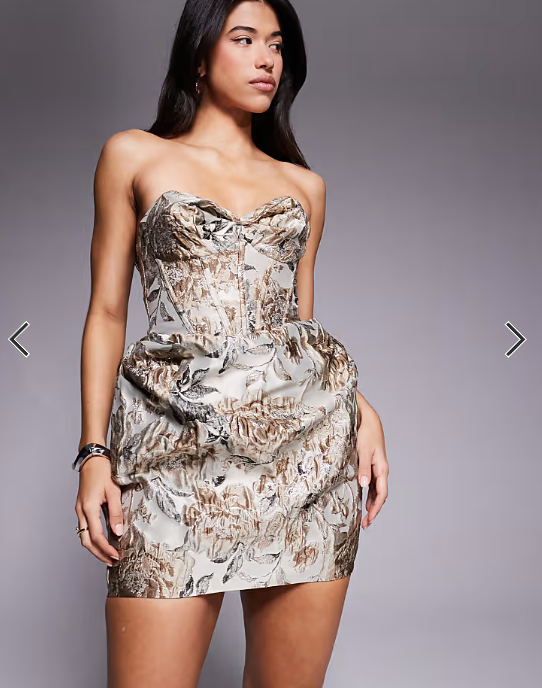 ASOS DESIGN structured bandeau mini dress with deep pleated skirt in floral jacquard