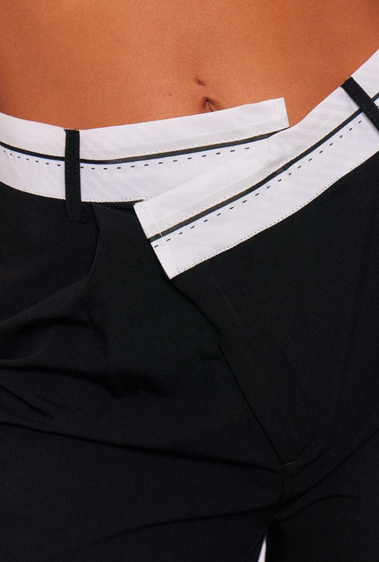 Black Contrast Double Waistband Tailored Straight Leg Trousers