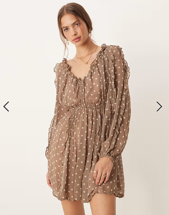 ASOS DESIGN ruffle v neck mini dress with tie front in chocolate spot