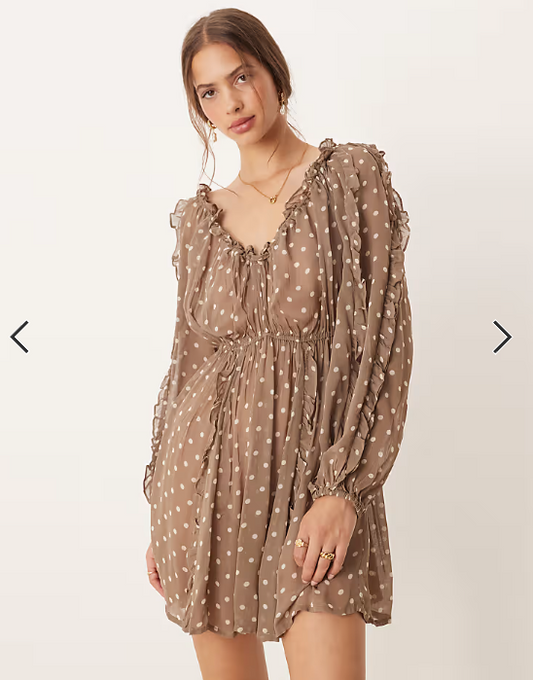 ASOS DESIGN ruffle v neck mini dress with tie front in chocolate spot