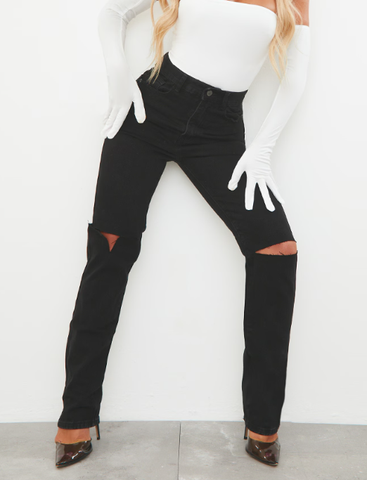 Washed Black Slash Knee Long Leg Straight Leg Jeans